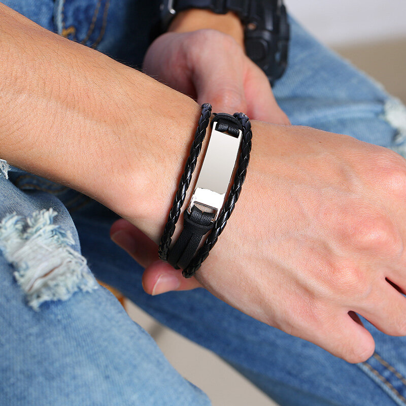 Vnox Personalizzato Braccialetti di Cuoio per Gli Uomini Personalizza ID Tag Bar A Strati Braccialetto di Cuoio Gents Wristband