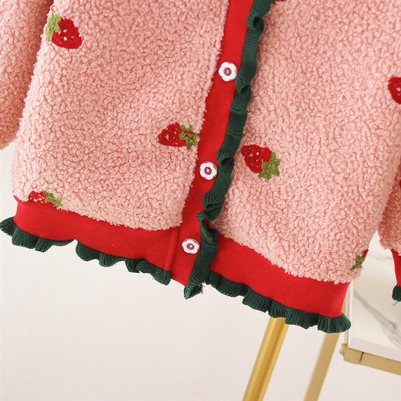 Odzież wierzchnia dla chłopców i dziewcząt Cardigan koreański odzież na śnieg dla dzieci wiosna jesień śliczna truskawka odzież dla niemowląt na zimę grube przeszycie płaszcze dla dzieci