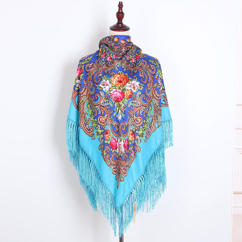 130*130cm Russian National Big Square Scarf for Women Cotton Ethnic Style Print Head Scarves Ladies Retro Fringed Blanket Shawl