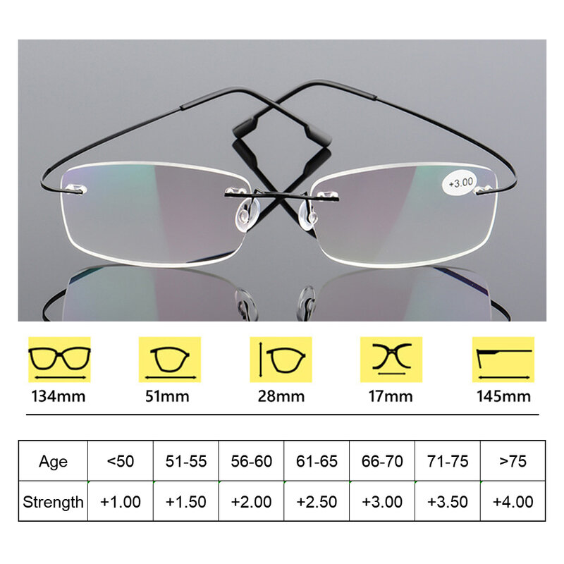 Lunettes de lecture sans monture ultralégères en titane à mémoire claire, lunettes de lecture unisexes magnétiques presbytes force + 1.0 ~ + 4.0
