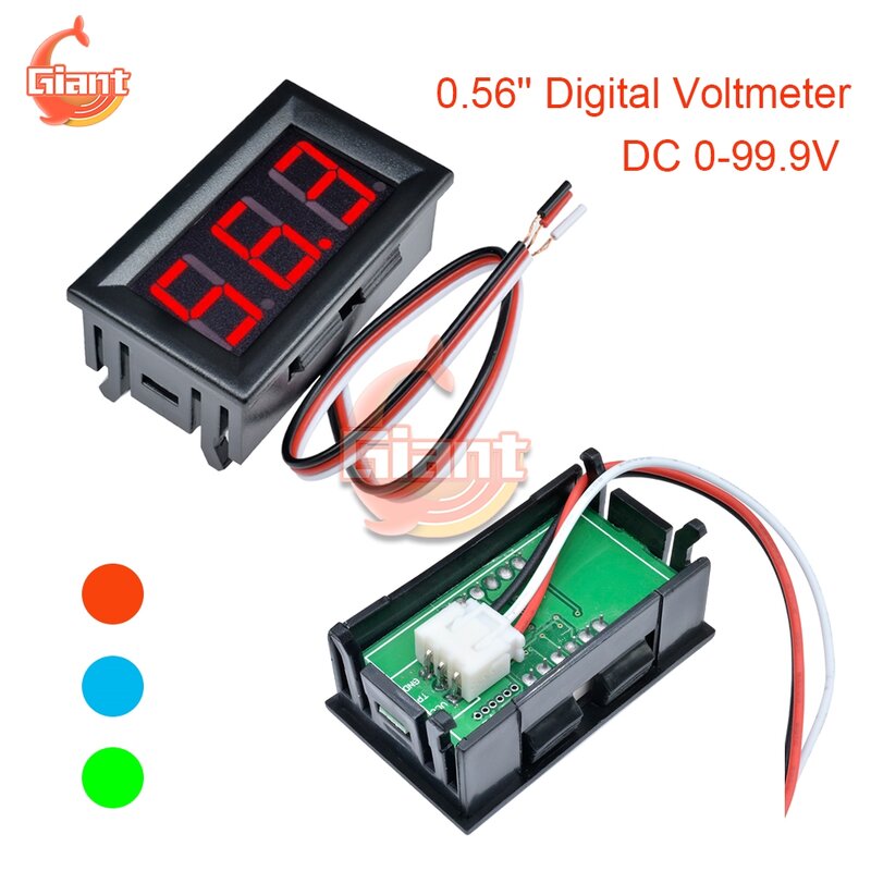 Voltímetro Digital de 0,56 pulgadas, medidor de voltaje con pantalla LED roja, verde, azul, DC 0-99,9 V, DC 4,5-30V, indicador de voltaje de 3 cables para coche