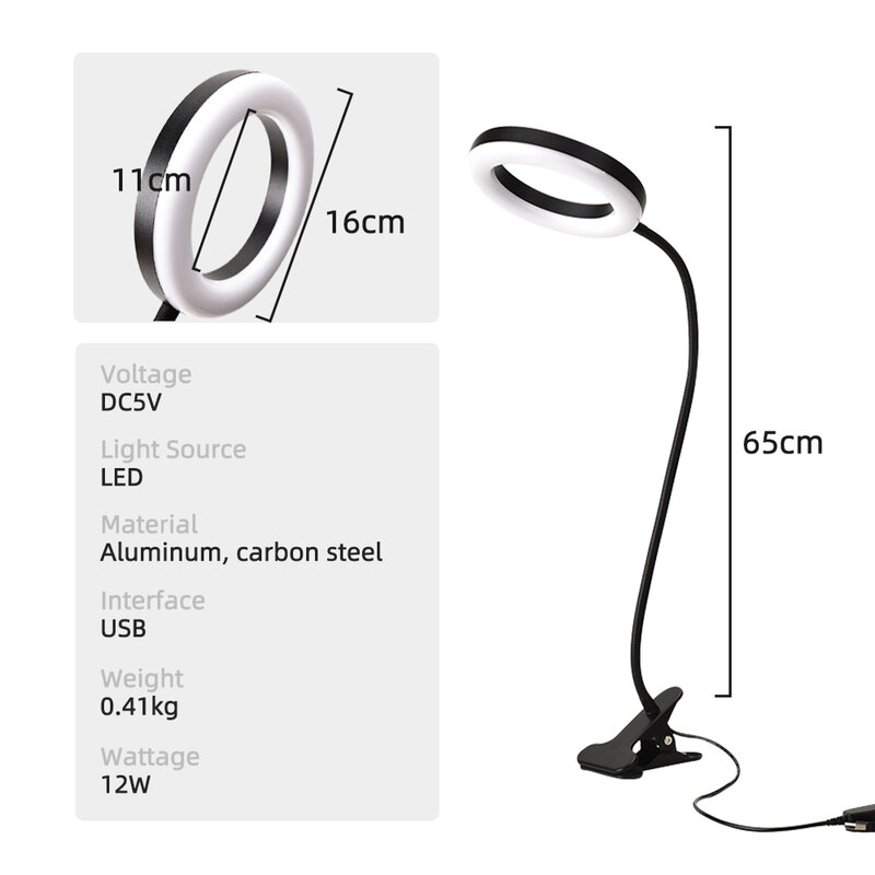 Lámpara LED USB para escritorio, anillo de luz regulable y Flexible para selfis, luz de interior ultrabrillante, DC5V, 12W