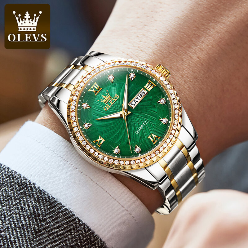 OLEVS jam tangan pria, merek mewah gaya piringan hijau, olahraga tahan air, baja tahan karat, jam kuarsa 5565