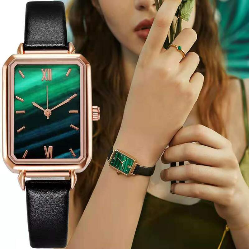 WOKAI 브랜드 여성 시계 패션 광장 숙녀 석영 시계 팔찌 세트 그린 다이얼 간단한 로즈 골드 메쉬 럭셔리 여성 시계