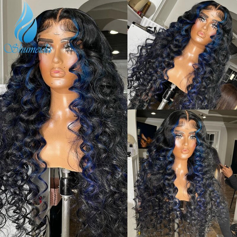 Shumeida – perruque Lace Front Wig sans colle brésilienne Remy, cheveux naturels bouclés, naissance des cheveux pre-plucked, couleur bleue, 13*4