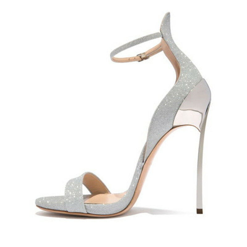 Sandalias de tacón alto con hebilla de Color liso para mujer, zapatos sexys brillantes de lentejuelas, elegantes, para fiesta de boda, 33-43, verano 2020
