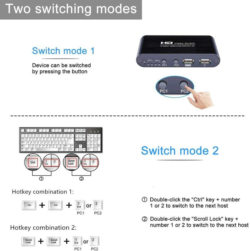 Interruptor hdmi kvm 4k x 2k @ 30hz, caixa 2 em 1 para saída, suporte para monitor com plug quente, yuv 4:4:4 e 3d