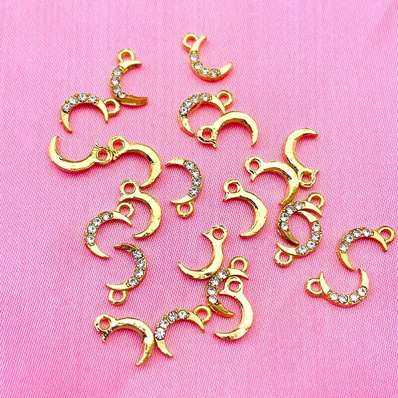 10Pcs Gold Color Small Moon Charms Pendant Alloy Rhinestone Pendant Wholesale For DIY Jewelry Making Earring Finding Accessories
