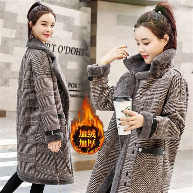 2022 Winter Warm Coat Plush Thick Lamb Wool Coat Women's Mid-Long Velvet Loose Lattice Plush Fur Coat Female Warm Jackets Vinta