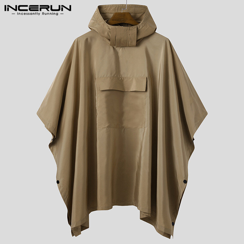 Incerun Mannen Solid Trench Sneldrogende Hooded Losse Poncho Zakken Casual Outdoor Mantel Mannen Onregelmatige Jassen Niet Regenjassen S-5XL