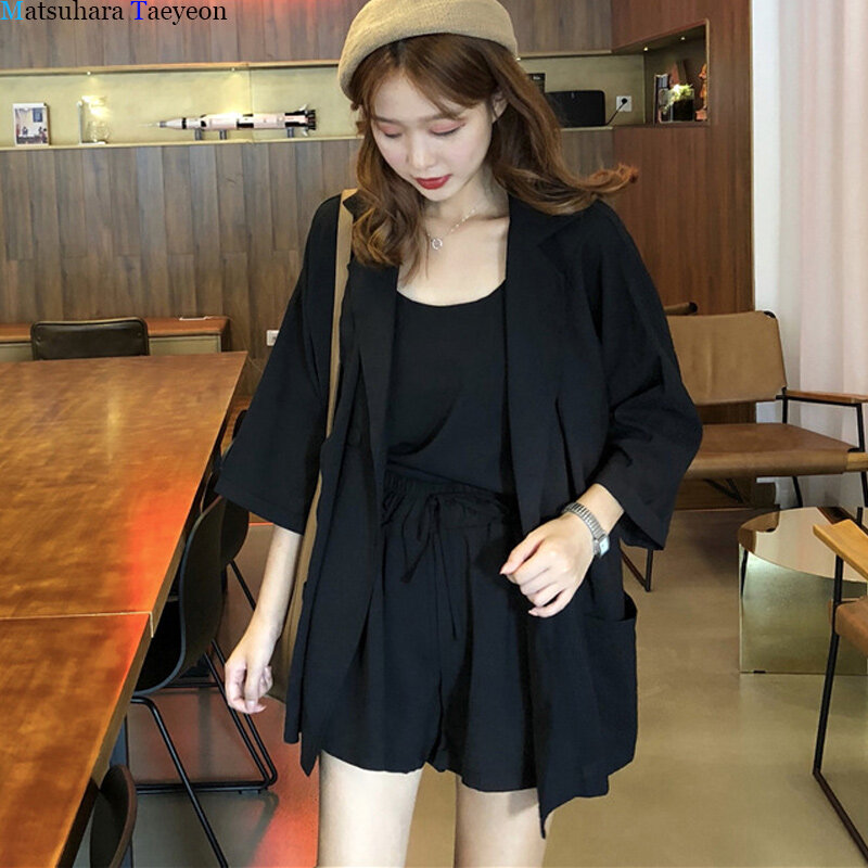 Setelan Wanita Versi Baru Warna Solid Sling Longgar Suit Tinggi Pinggang Celana Pendek Tiga Sepotong Set Fashion Korea Gaya Pakaian Baru