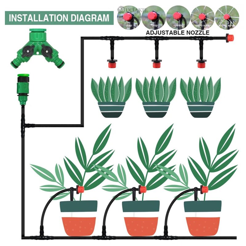 MUCIAKIE 50M-5M DIY 물방울 관개 시스템 자동 급수 정원 호스 조절 가능한 드리퍼가있는 마이크로 물방울 급수 키트