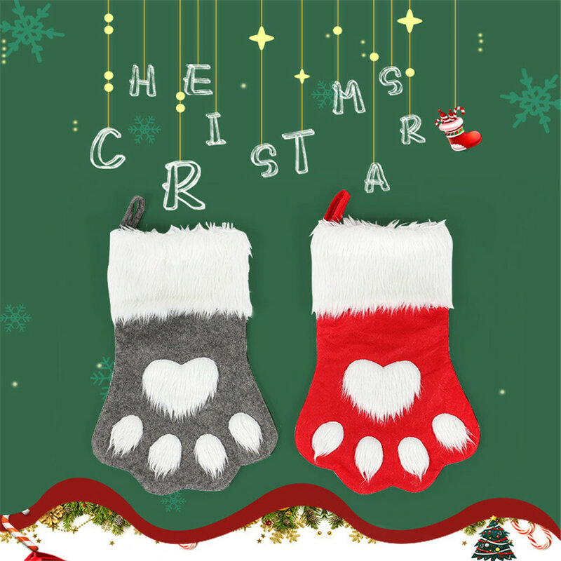 1pc Christmas Stockings Home Decoration Accessories Plaid Christmas Gift Bags Pet Dog Cat Paw Stocking Socks Xmas Tree Ornaments