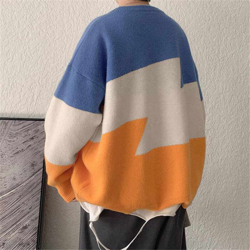Koreański moda męska sweter gruba dzianina Top jesień zima O-neck swetry luźna dzianina męskie swetry modna odzież uliczna 2021