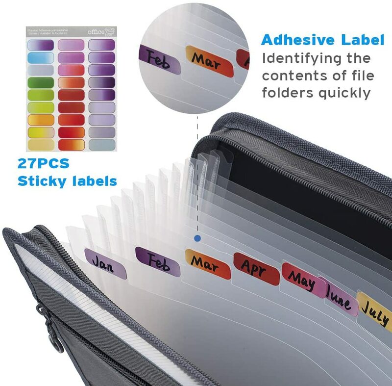 A4 Folder File Yang Memperluas dengan Label Lengket, 13 Kantong Pengatur Dokumen Akordeon Memperluas Folder File dengan Penutupan Ritsleting
