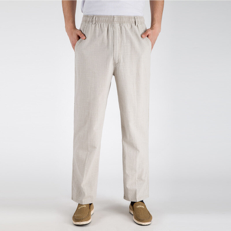 Pantalones de lino y algodón para hombre, pantalón holgado de cintura elástica, liso, talla grande 5XL