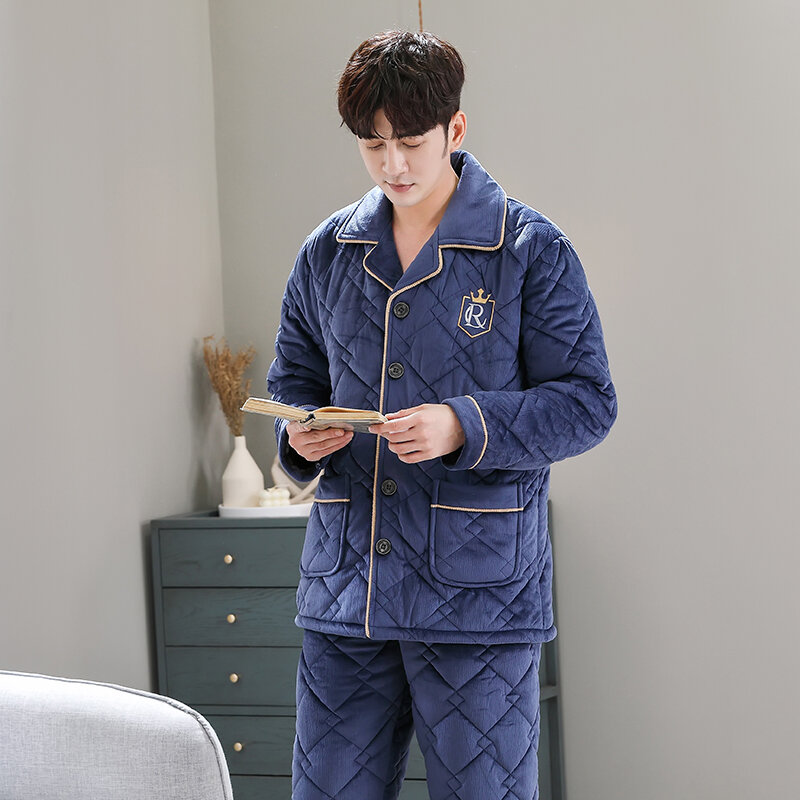 Winter Wadded Jacket Pajamas Men Thick Quilted Pajama Sets Casual Home Clothes Coral Fleece Sleepwear Men Clothing Pijama Hombre