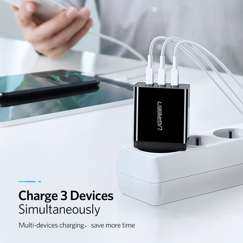 Ugreen — Chargeur USB rapide pour téléphone mobile avec prise EU, adaptateur secteur mural pour iPhone X/XS/8/7, Samsung, Xiaomi et Huawei