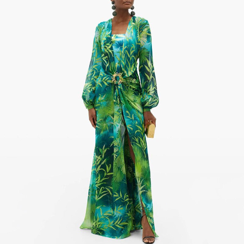 Długi zielony z nadrukiem głęboka sukienka z dekoltem w serek biżuteria klamra suknia bankietowa lato Impreso Saten kwiatowy formalne wesele Beach