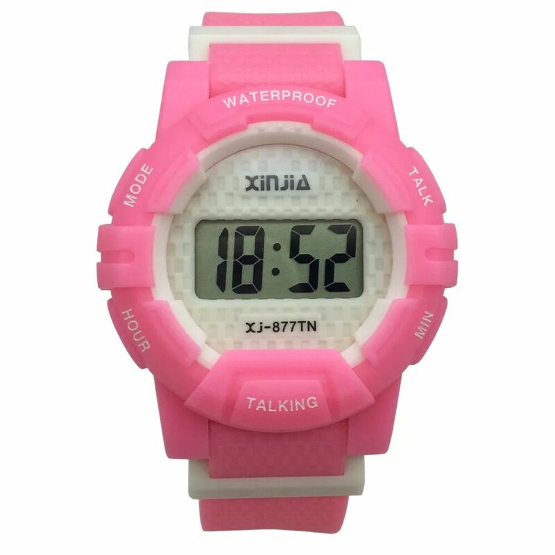 러시아어 말하는 손목 시계 전자 스포츠 시계, 알람 포함, 핑크 루버 스트랩 877TN(PIK)