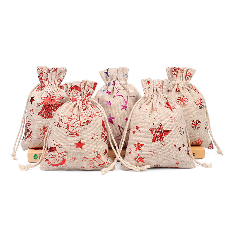 50 unids/lote, 10x14cm, varios diseños, bolsa de embalaje de regalo de caramelo con cordón, bolsas pequeñas de lino, bolsas de soporte para recuerdos de fiesta de Navidad