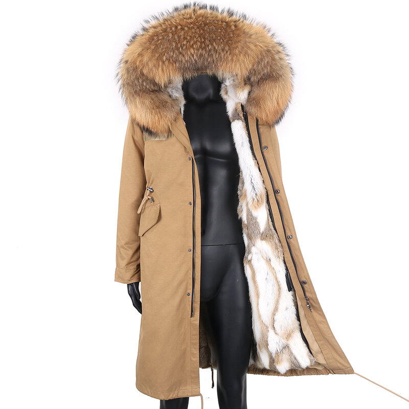 Casaco de inverno impermeável para homens, Parka X- Long, casaco de pele de coelho real, guaxinim raposa natural, capuz streetwear quente, 2023