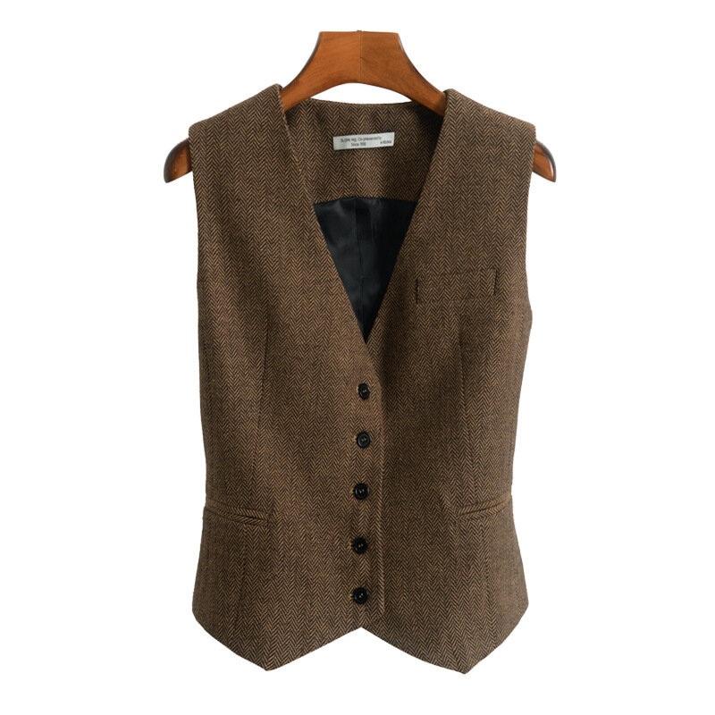 Mulheres Espinha de Herringbone Tweed V-Neck Suit Vest, Senhoras Retro Slim Fit Colete sem mangas, Steampunk, 4 Botão