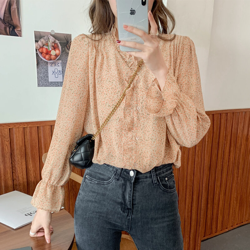 Blusa feminina manga comprida chiffon, camisa feminina manga comprida com orelhas de madeira retrô estilo hong kong camisa decote em v v manga top 2021