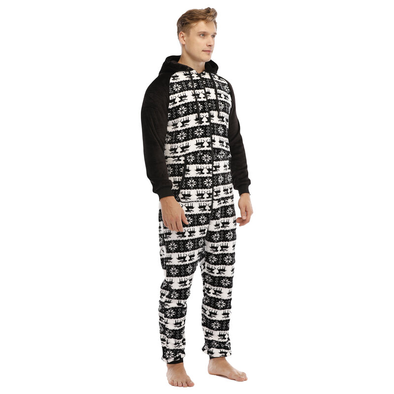 Homem flanela macacão de manga comprida moletom masculino pijama de uma peça casual natal preto impressão agasalho