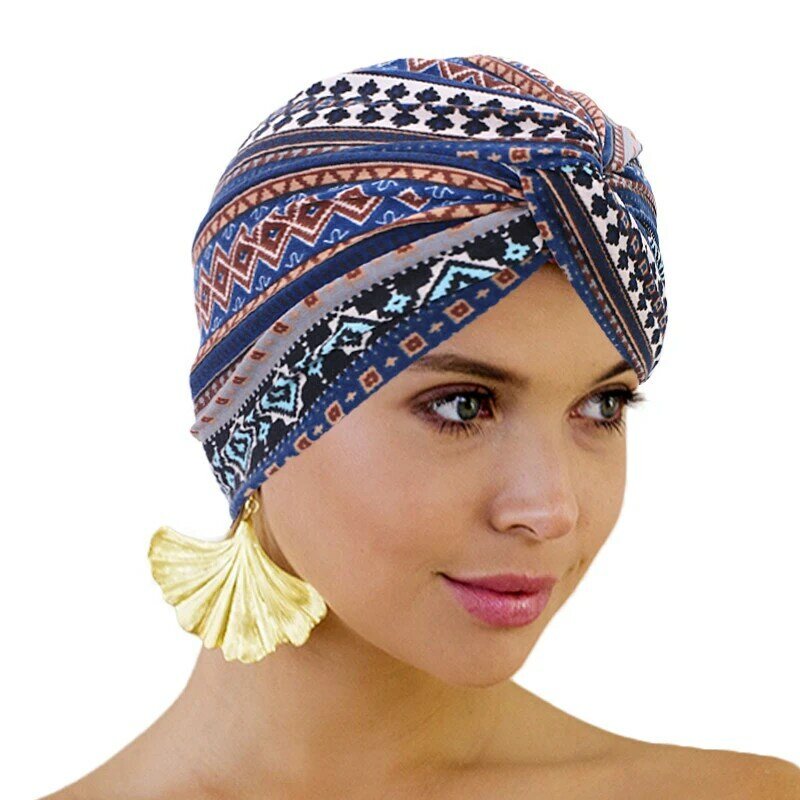 Trendy Bohemia forehead cross turban hat cotton print Muslim women head scarf inner caps for hijab arab wrap head hijab cap