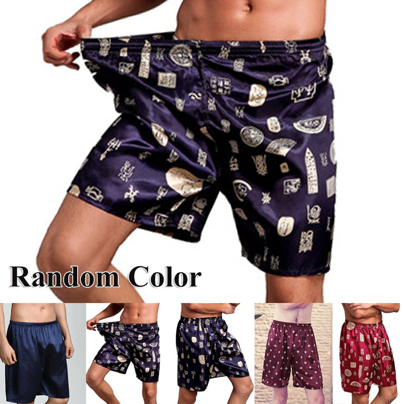 Mens Imitation Silk Satin Pyjamas Lose Boxer Shorts Glatte Bequeme Böden Hose Nachtwäsche Gedruckt Nachtwäsche Zufällige Farbe