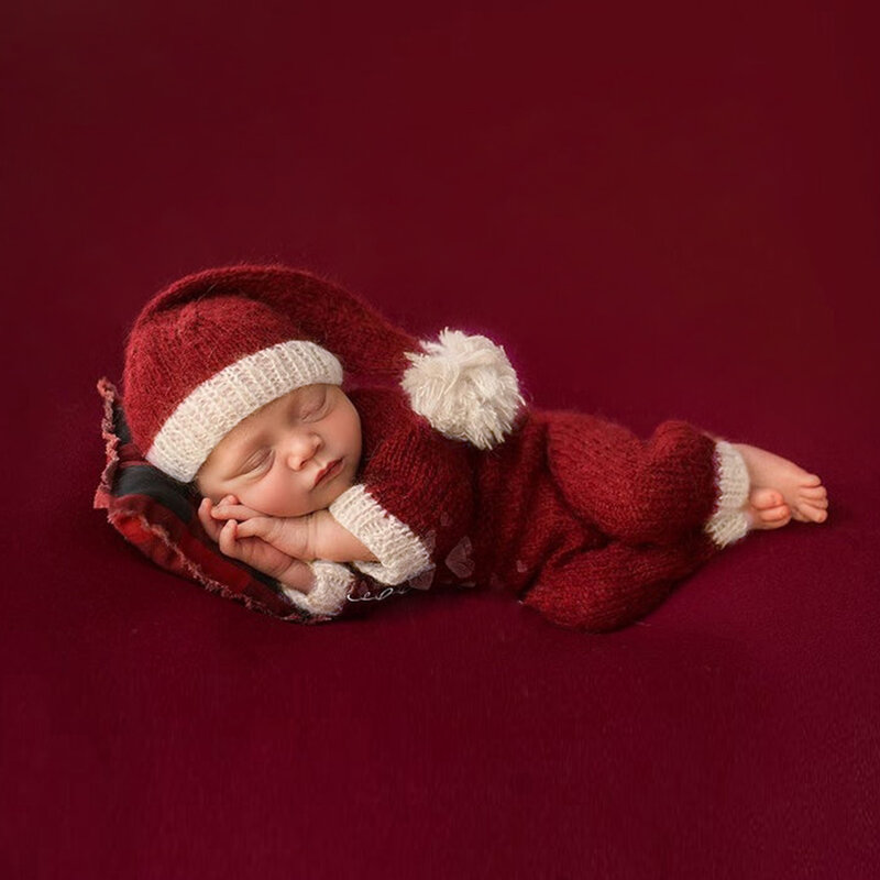 Baby Jumpsuit Costume Photography Prop Christmas Hat Outfit Soft Handmade Newborn Baby Cloth Commemorative Photo Clothing