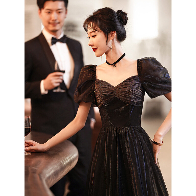 French Style Sweetheart Short Sleeve Banquet Gowns For Women Tea-Length Appliques Lace Sequined Graceful Bridesmaid Dresses
