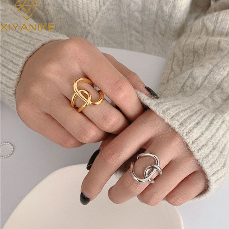 XIYANIKE-Anéis simples geométricos cruzados atados para mulheres, cor prata, encantos clássicos, joias feitas à mão, presentes de casal