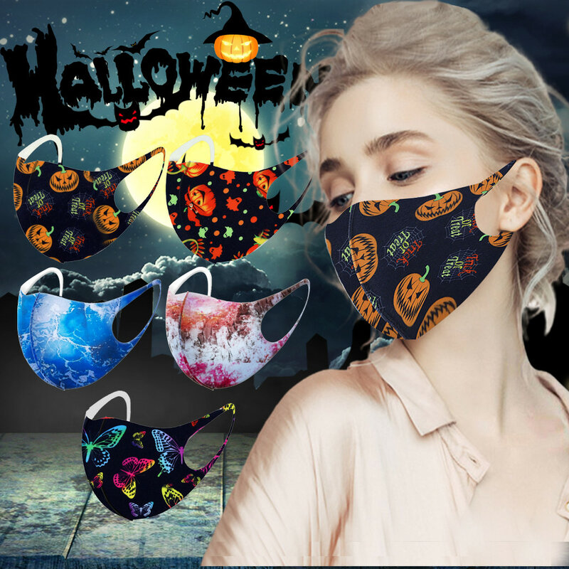 Mascarilla de Tela con estampado de Halloween, máscara facial protectora no desechable, lavable, 5 piezas
