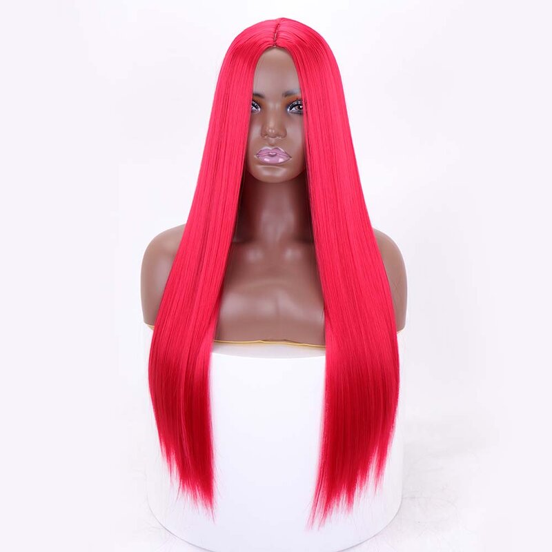 JUNSI طويل الاصطناعية مستقيم الأحمر شعر مستعار تأثيري للنساء الطبيعية الجزء الأوسط أسود أزرق الباروكات مع الانفجارات شعر مستعار مقاومة للحرارة