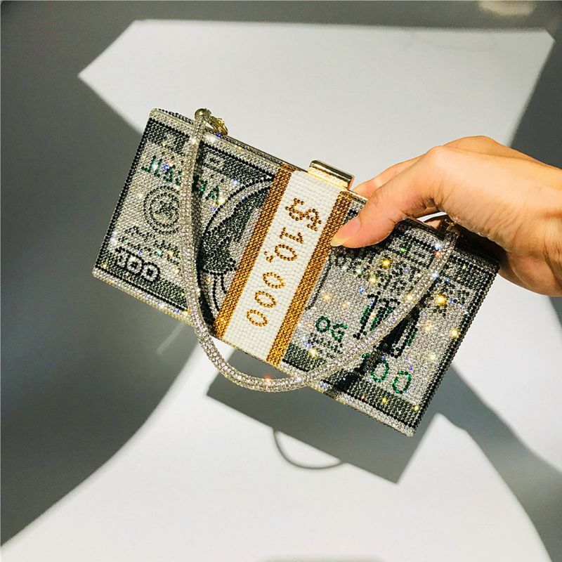 Creative Fashion New Money Clutch Rhinestone Purse 10000 Dollars Stack Bags of Cash Evening Handbags Shoulder Wedding Dinner Bag