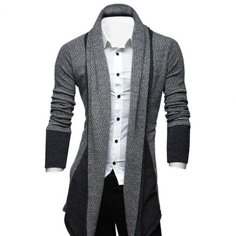 Knitted Mid-length Men Cardigan Autumn Winter Patchwork Stand Collar Sweater Coat Outerwear