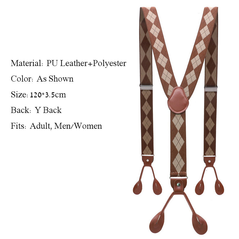 Подтяжки регулируемые Y-образные для мужчин и женщин, Винтажные эластичные подтяжки из искусственной кожи, 6 пуговиц, для брюк, коричневого цвета
