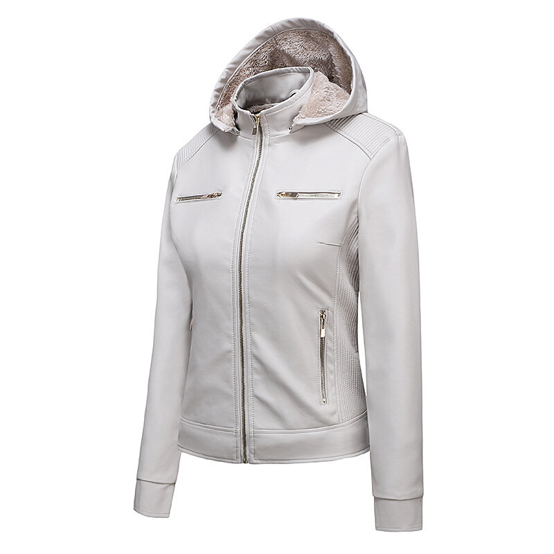ผู้หญิงหนังเสื้อผ้าหญิง Hooded ฤดูใบไม้ร่วงเสื้อกันหนาวตัวสั้นขนแกะผู้หญิง PU หนัง Outerwear Coat