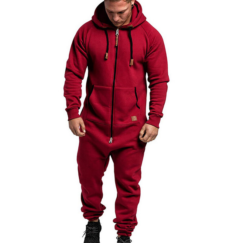 2020 Mens One-piece Garment Pajama Men Solid Splicing Jumpsuit Playsuit Zipper Hoodie Male Patchwork  Jumpsuits Overalls Hombre