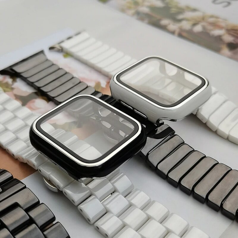 Tali Keramik + Casing PC untuk Tali Jam Tangan Apple 44Mm 42Mm 40Mm 38Mm Penutup Pelindung untuk Seri Iwatch SE/6/5/4/3/2 Gelang Jam