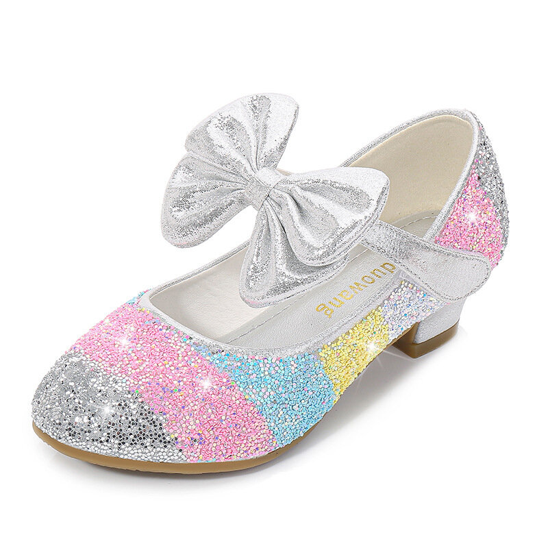 Zapatos de cuero para niña, calzado de princesa con punta redonda, suela suave, tacón alto, cristales, 2024