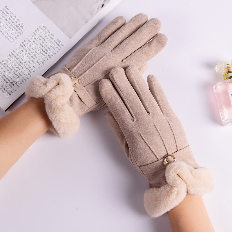 Зимние женские бархатные двойные утепленные сохраняющие тепло милые плюшевые перчатки на запястье для сенсорного экрана мягкие милые перчатки с жемчугом для велоспорта вождения