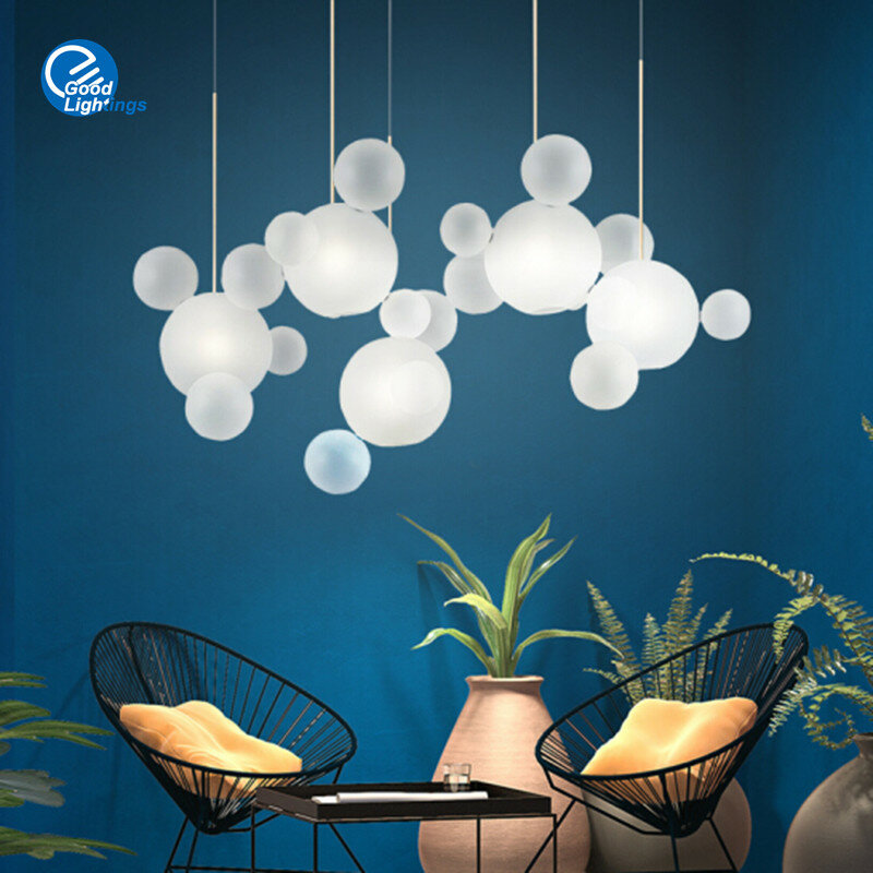 Lustre LED boule à bulles de verre nordique, lampe à suspension, abat-jour en verre blanc, cuisine, salle à manger, salon, bar
