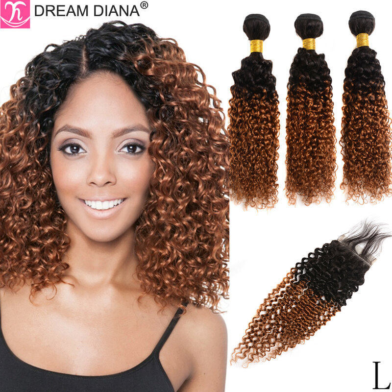 DreamDiana Ombre Brazilian Kinky Curly Bundles With Closure Remy Color Hair With Closure 100% Ombre Human Hair With Closure