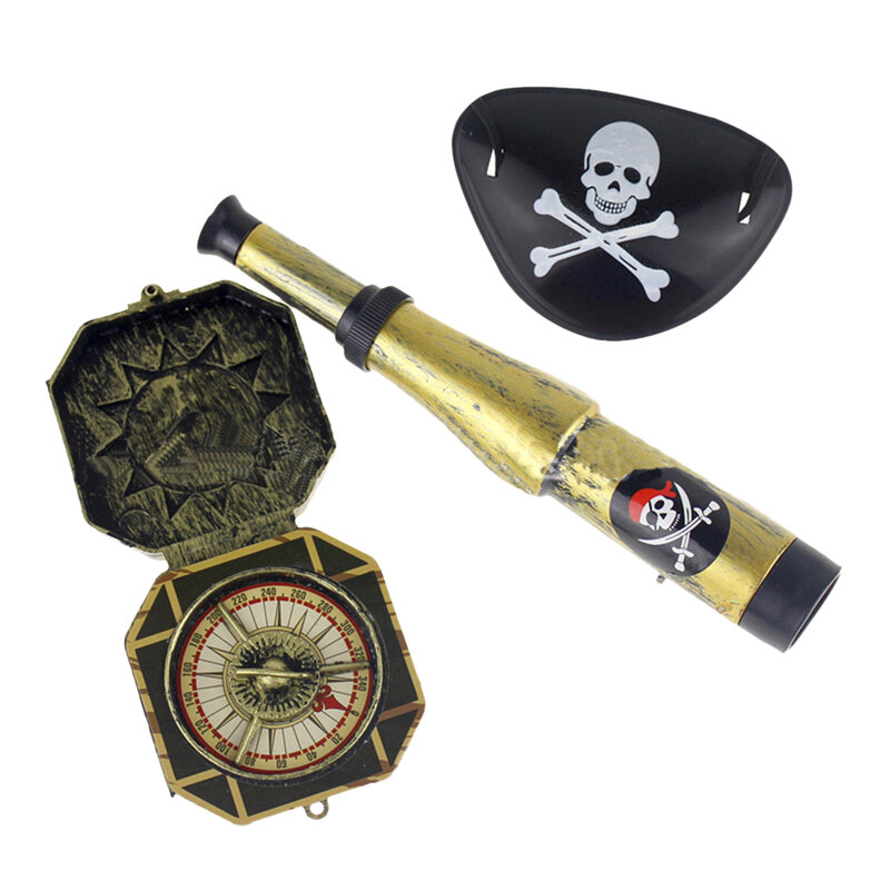 Brinquedos de festa pirata infantil 3 pçs, de plástico, patch de pirata com caveira, vestir, adereço bússola, mini telescópio, dia das bruxas