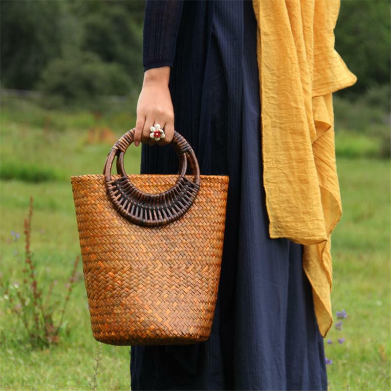 22x28CM Original Chinese Style Features Handmade Old Retro Thailand Straw Bag Rattan Straw Bag Woven Women Bucket a6100