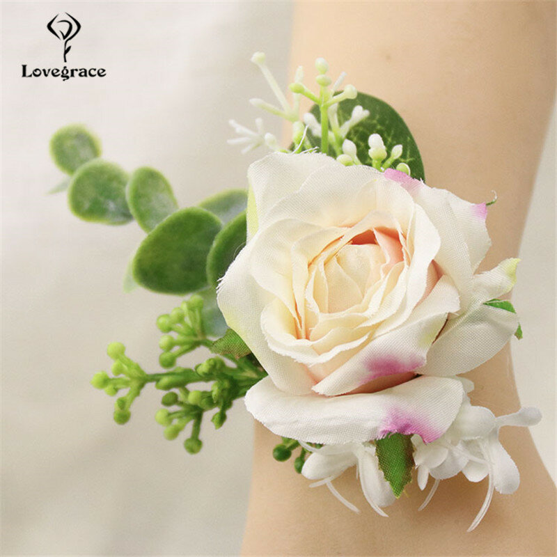 Lovegrace Rose Boutonniere Bridal Wrist Corsage Groom Boutonniere Girl Bracelet White Yellow Wrist Corsage Quality Fake Flowers