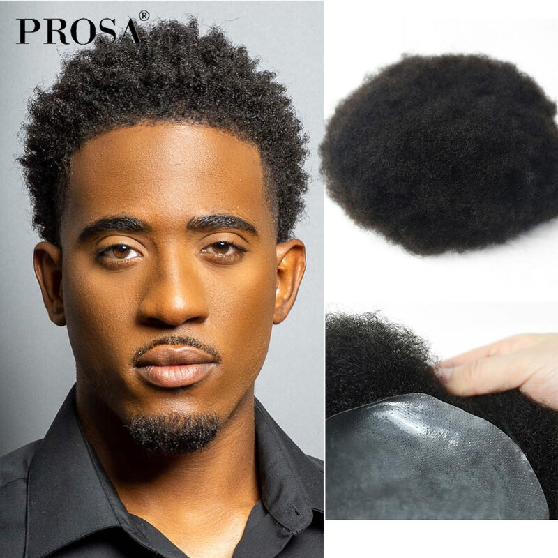 Peluca Afro rizada de piel fina para hombre, sistema de pelo en V, Natural, a la moda, 8x10